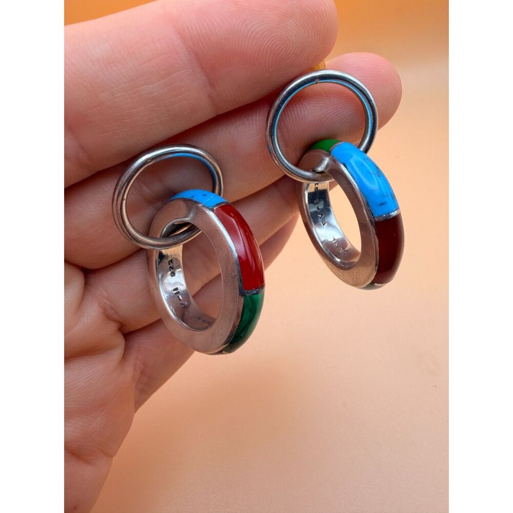 Mexican Multi Gem Inlaid Stone Circle Earrings Sterling Silver
